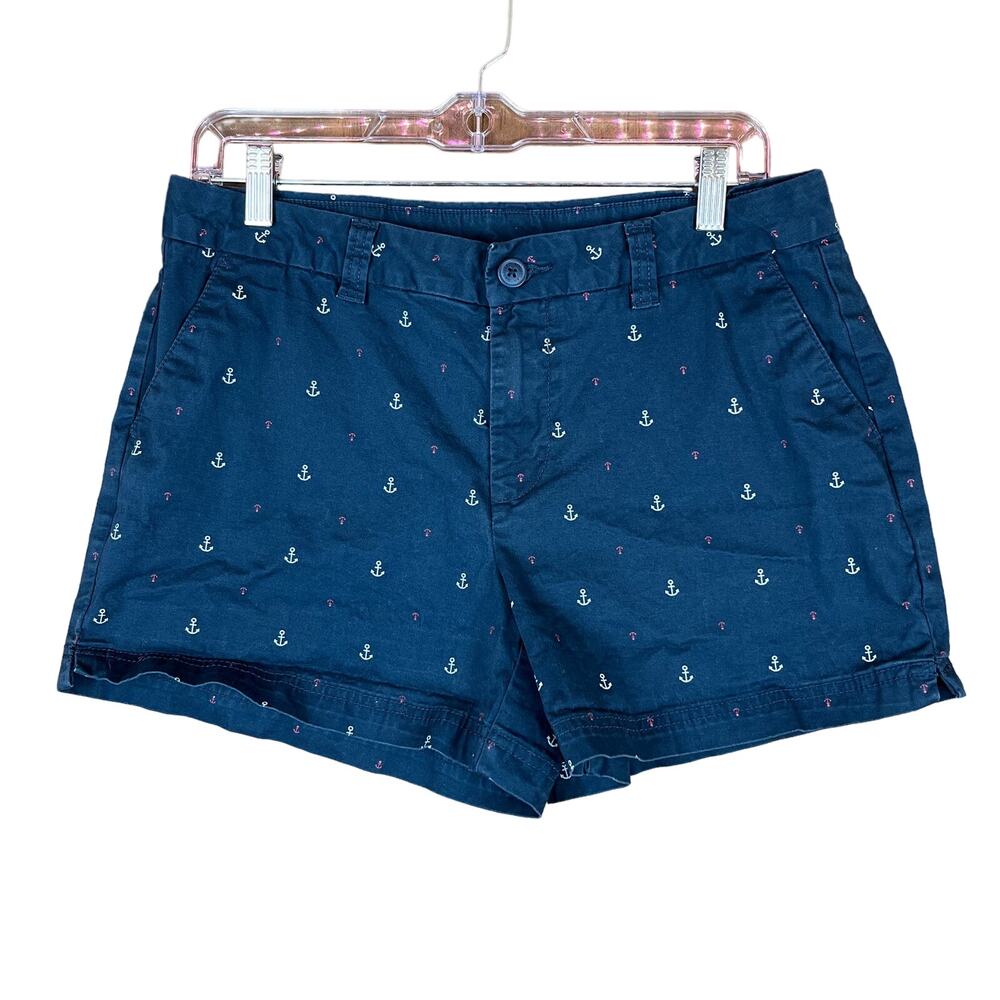 Magellan Womens Shorts Navy Blue Mid Rise Anchor Print Coastal Stretch 10